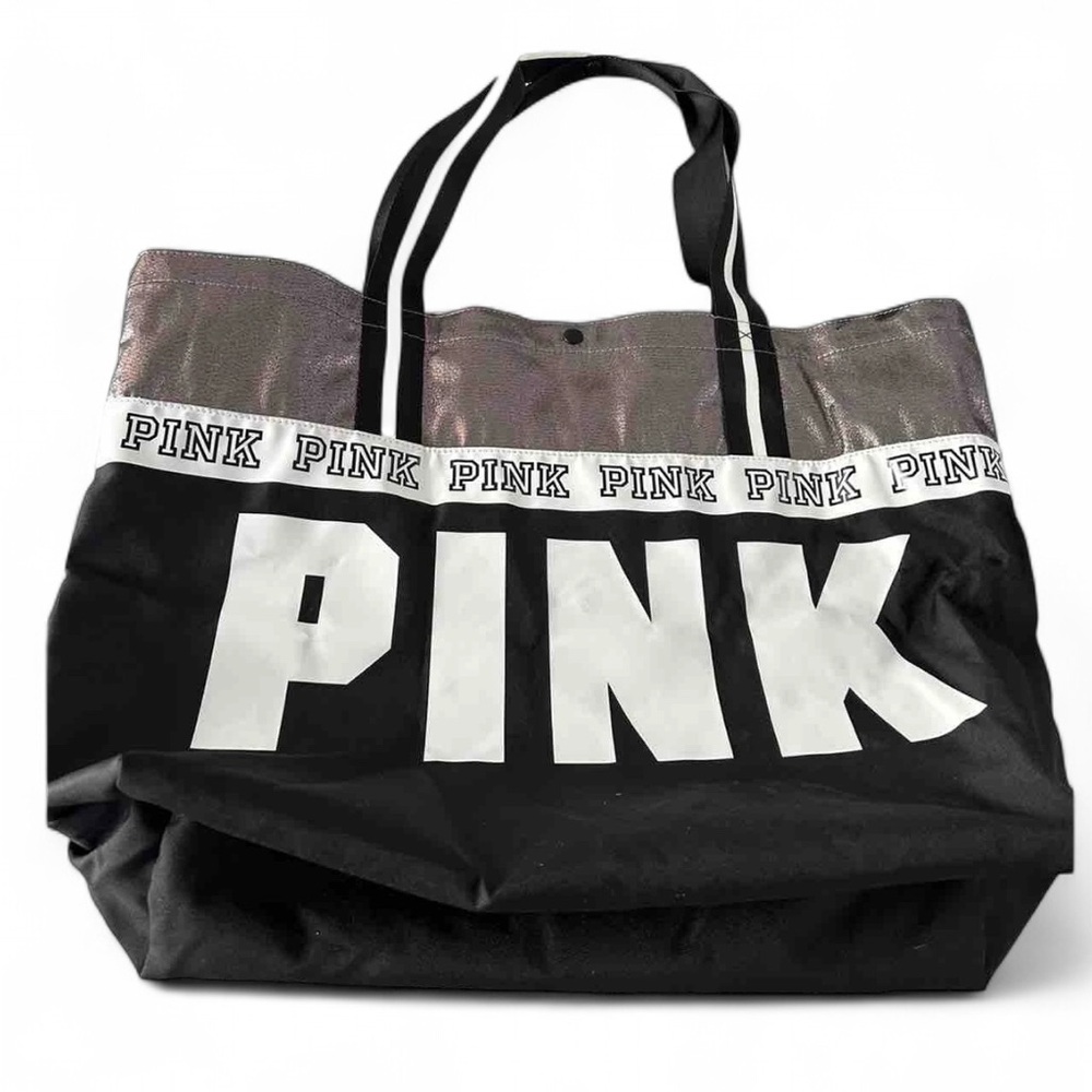 Victoria’s Secret PINK Y2K Large Tote Bag Black Silver Glitter Beach Gym Travel